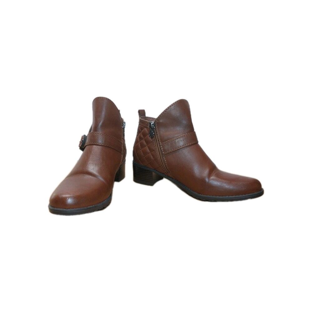 Dana Buchman Booties Cognac Brown Ankle Boots Quilted Zip Strap Womens 6.5 Chic